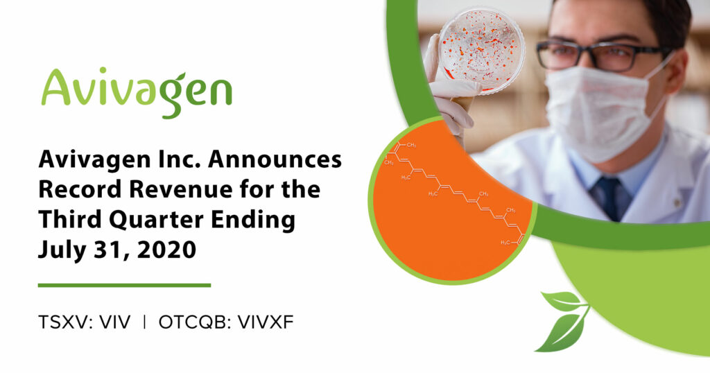 Avivagen Inc. Announces Record Revenue for the Third Quarter Ending July 31, 2020